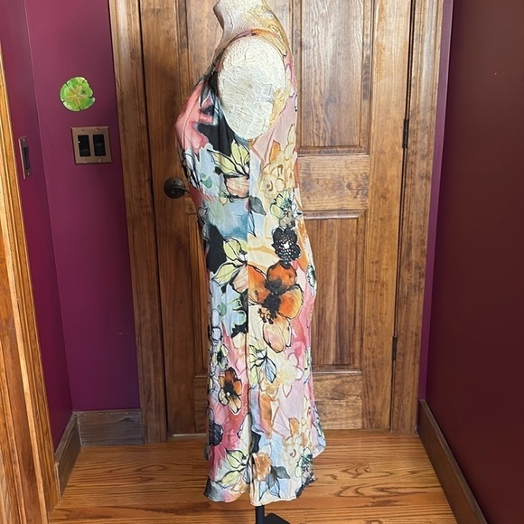 Chico's watercolor Silk Wearable Art Fit & Flare Silk Y2K Slip Midi Dress M/L - Picture 5 of 13